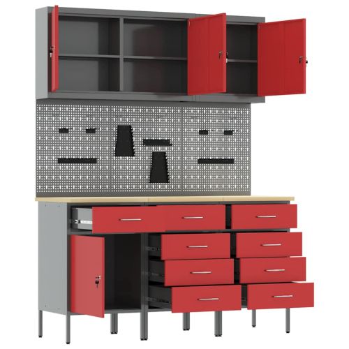 Работна маса с чекмедже 8 pcs Червено 150 x 55 x 200 см Стомана