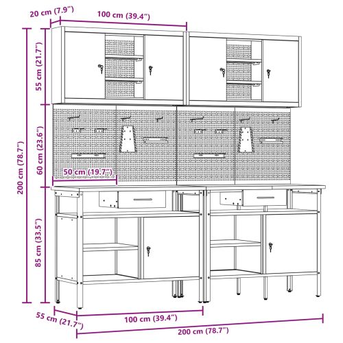 Комплект работна маса 8 pcs Червено 200 x 55 x 200 см Стомана
