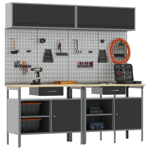 Комплект работна маса с чекмедже с рафт 8 pcs Черно Стомана