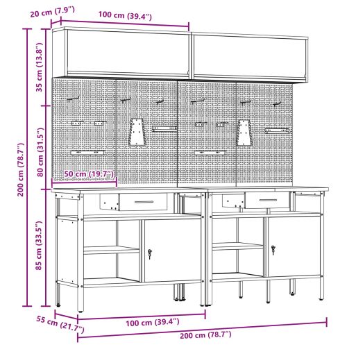 Комплект работна маса с чекмедже с рафт 8 pcs Черно Стомана