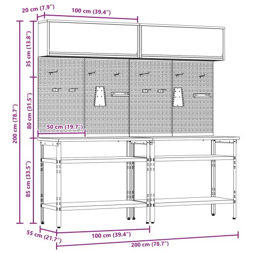 Комплект работна маса 8 pcs Сив Прахово боядисана стомана