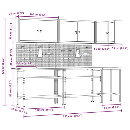 Комплект работни шкафове с рафт с заключване 10 pcs Черен и Сив