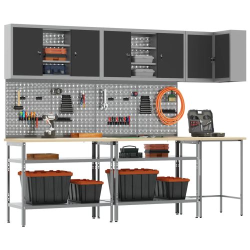Комплект работни шкафове с рафт с заключване 10 pcs Черен и Сив