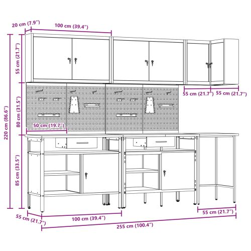Комплект работни шкафове с чекмедже с рафт 10 pcs Черен и Сив