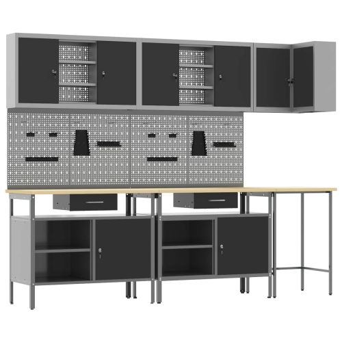 Комплект работни шкафове с чекмедже с рафт 10 pcs Черен и Сив