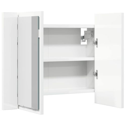 Шкаф с LED огледало за баня, бял гланц, 60x12x45см, акрил