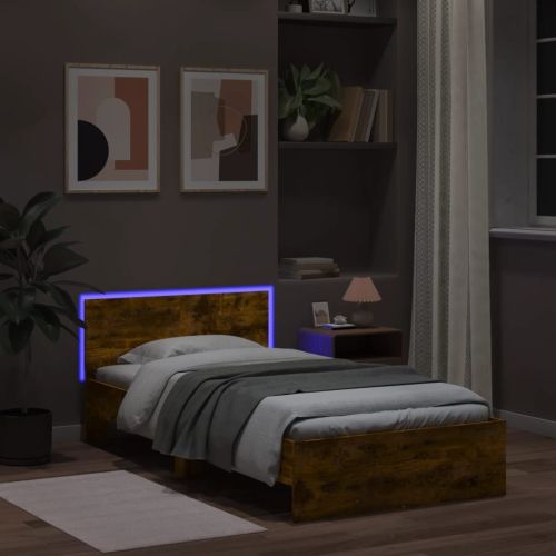 Рамка за легло с табла и LED осветление, опушен дъб, 100x200 см