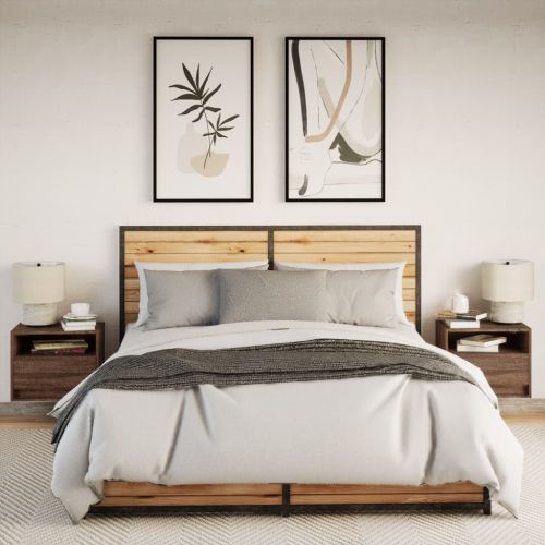 Нощни шкафчета за стена с LED осветление, 2 бр, кафяв дъб