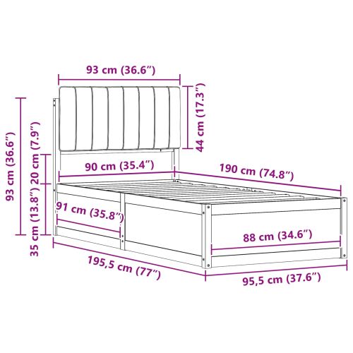 Леглова рамка с тапицирана гръбна част Светлосиво 90 x 190 cm