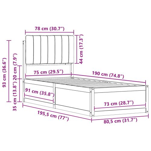 Леглова рамка с тапицирана гръбна част Светлосиво 75 x 190 cm
