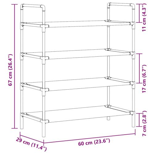 Стелаж за обувки с 4 рафта, метал и нетъкан текстил, черен