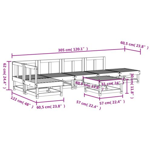Градински лаундж комплект, 7 части, бял, бор масив