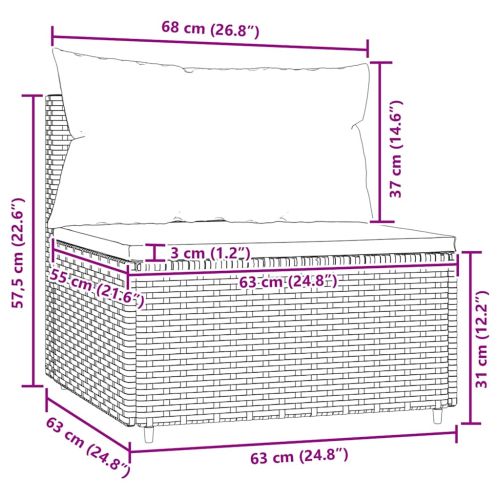 Градински среден диван с възглавници, кафяв, полиратан