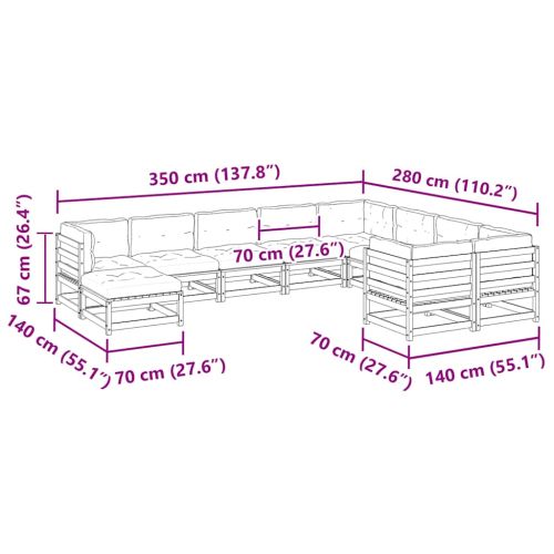 Градински комплект диван с възглавници от 10 части, бор масив