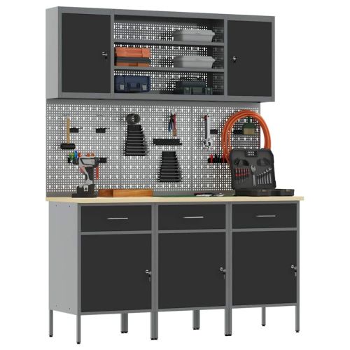 Работен кабинет 7 pcs Черно Инженерна дървесина и стомана