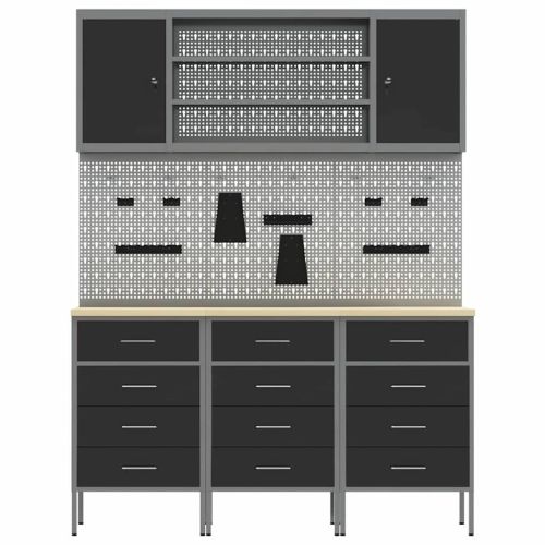 Работен кабинет 7 pcs Черно Инженерна дървесина и стомана