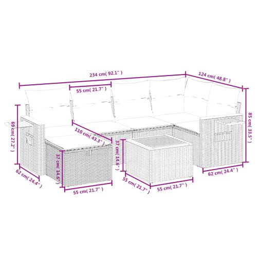 Градински диван с възглавници, 7 части, полиратан, сив