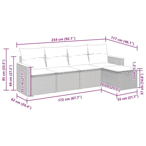 Градински комплект с възглавници, 5 части, сив полиратан