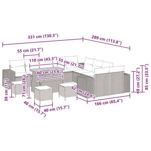 Градински Софа Комплект с възглавница 14 pcs Черно полиратан