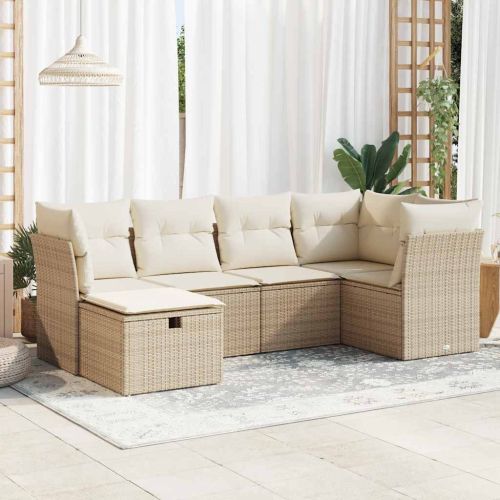 Градински диван с възглавници, 6 части, бежов полиратан