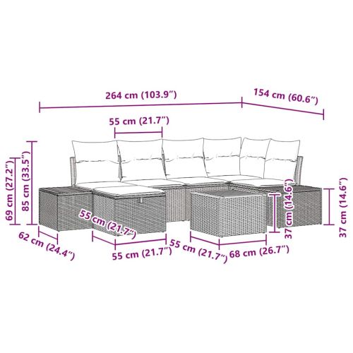 Градински Софа Комплект с възглавница 7 pcs Сив Полиратан