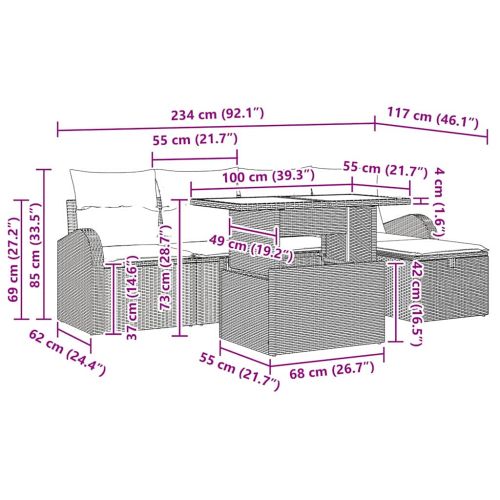 Градински Софа Комплект с възглавница 6 pcs Сив Полиратан