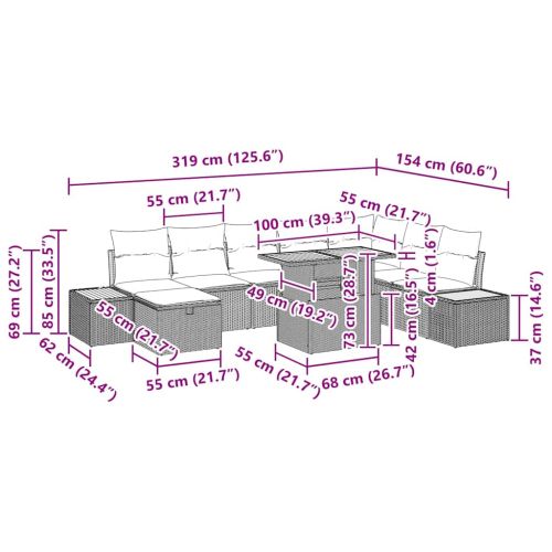 Градински Софа Комплект с възглавница 9 pcs Сив Полиратан