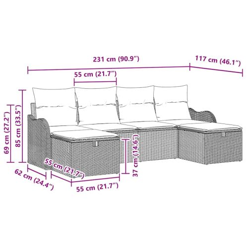 Градински Софа Комплект с възглавница 6 pcs Сив Полиратан