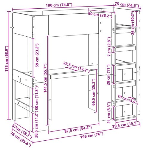 Рамка за двуетажно легло с бюро Циментено сиво 75 x 190 cm