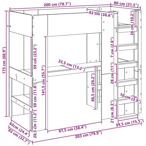 Рамка за двуетажно легло с бюро Димян дъб 80 x 200 cm