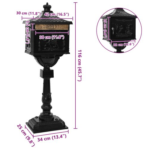 Изправена пощенска кутия с врата Черно 42,5 x 29,5 x 117 см