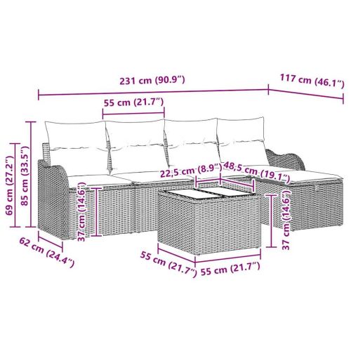 Градински Софа Комплект с възглавница 6 pcs Сив полиратан