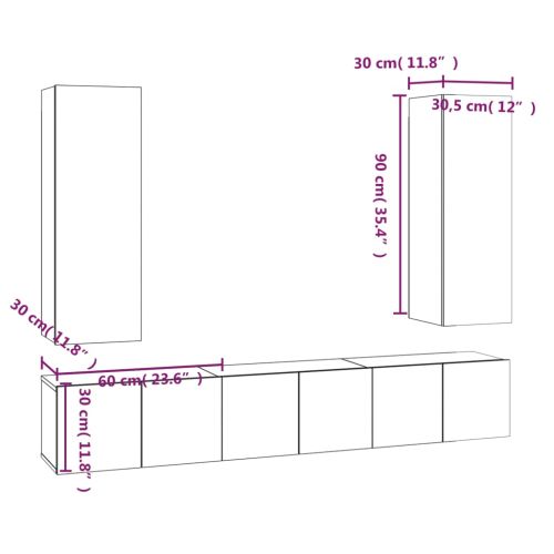 Комплект ТВ шкафове от 5 части, опушен дъб, инженерно дърво