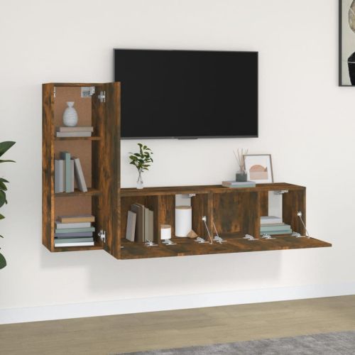 Комплект ТВ шкафове от 3 части, опушен дъб, инженерно дърво