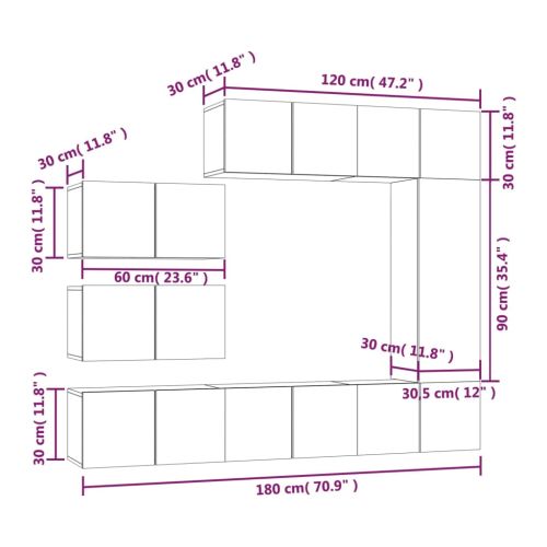 Комплект ТВ шкафове от 8 части, сив сонома, инженерно дърво