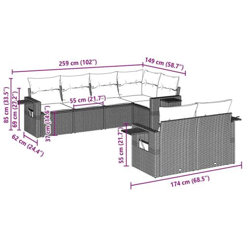 Градински комплект с възглавници, 7 части, светлосив полиратан