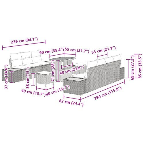 Градински Софа Комплект с възглавница 10 pcs Черно Полиратан