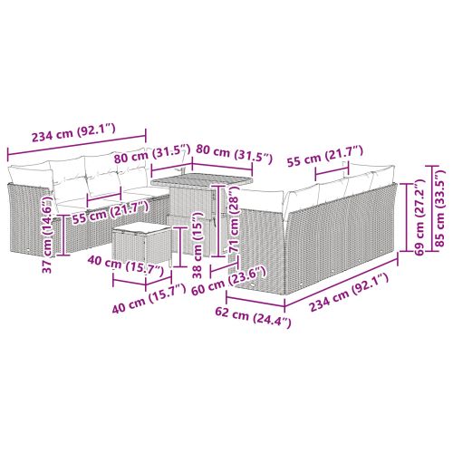 Градински Софа Комплект с възглавница 11 pcs Черно полиратан