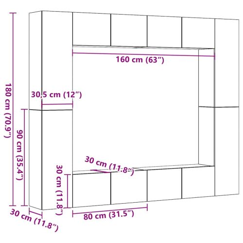 Комплект ТВ шкафове за стенен монтаж 8 части, инженерно дърво
