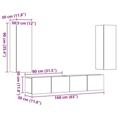 Комплект ТВ шкафове за стенен монтаж 4 части, инженерно дърво
