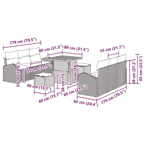 Градински Софа Комплект с възглавница 9 pcs Бежово Полиратан