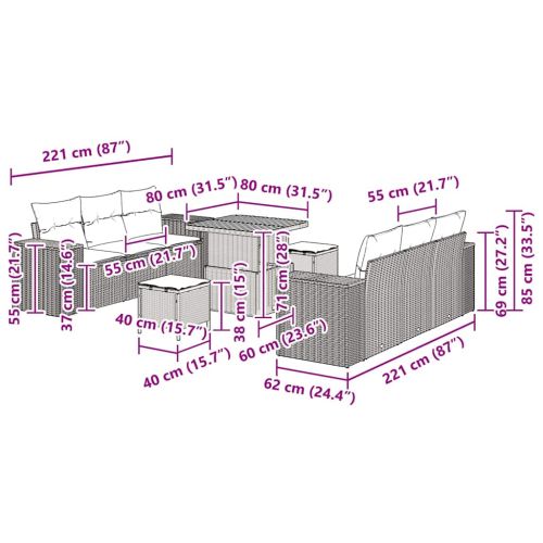 Градински Софа Комплект с възглавница 9 pcs Бежово Полиратан