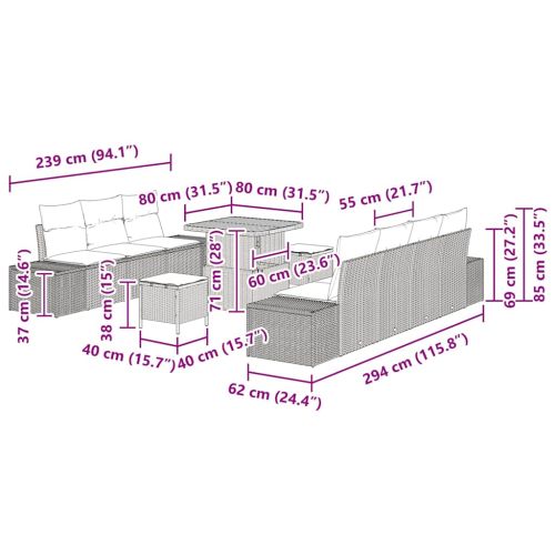 Градински Софа Комплект с възглавница 10 pcs Бежово полиратан