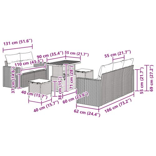 Градински Софа Комплект с възглавница 8 pcs Черно полиратан