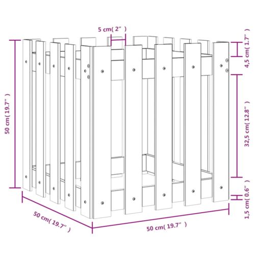 Градинска кашпа с дизайн на ограда черна 50x50x50 см бор масив