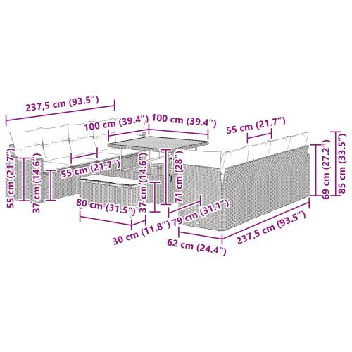 Градински Софа Комплект 11 pcs Черно полиратан