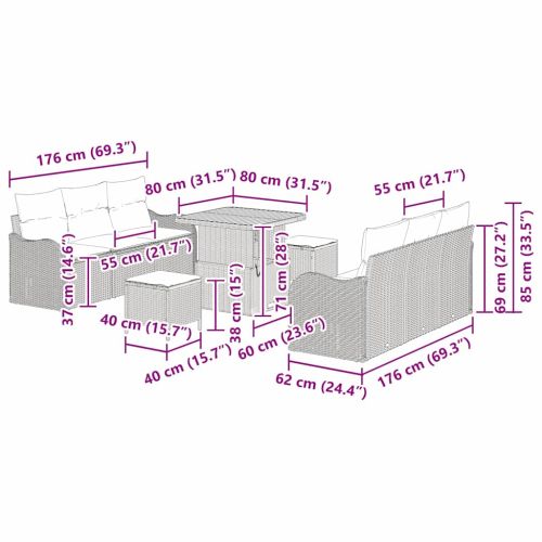 Градински Софа Комплект с възглавница 9 pcs Бежово полиратан