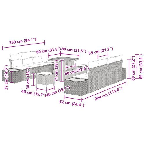 Градински Софа Комплект с възглавница 10 pcs Черно Полиратан