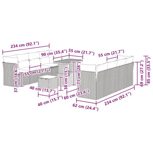 Градински Софа Комплект с възглавница 11 pcs Черно полиратан