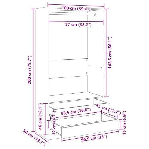 Гардероб, сив сонома, 100x50x200 см, инженерно дърво